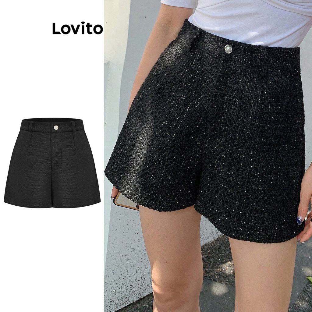 Lovito Casual Shorts Feminino Liso Botão L70AD061 Preto Shopee