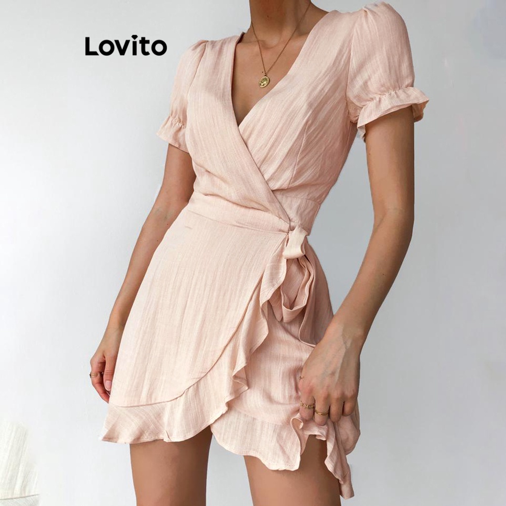 Lovito Vestido Feminino Casual Babados E Bainha Lisa LNE31206