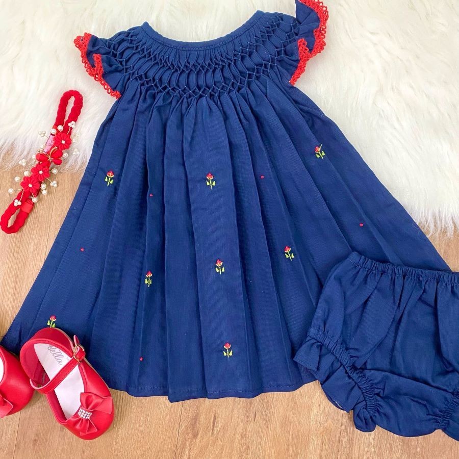 VESTIDO CASINHA DE ABELHA INFANTIL MENINA BEBÊ MARINHO VERMELHO C