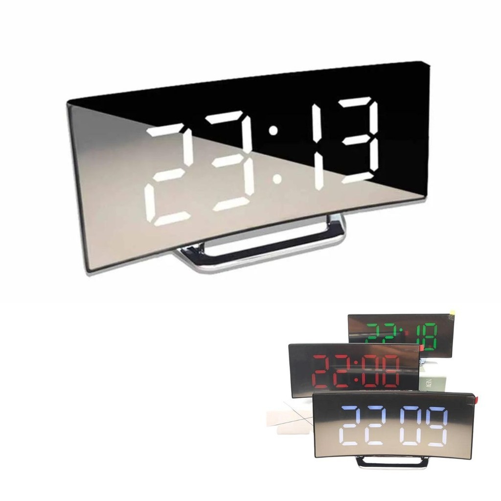 Rel Gio Digital Led Espelhado Curvado De Mesa Alarme Despertador E