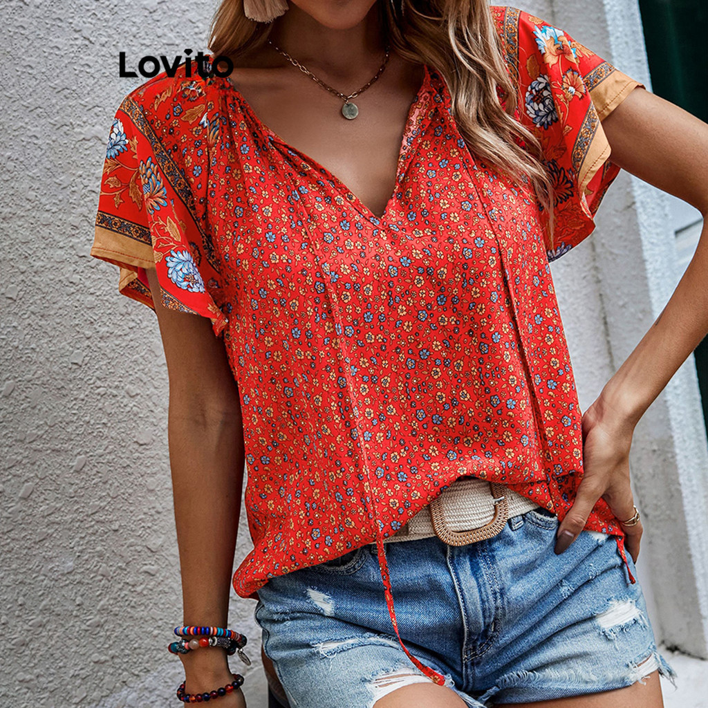 Lovito Blusa Boho Tribal Estampa Frontal E Franzida Para Mulheres