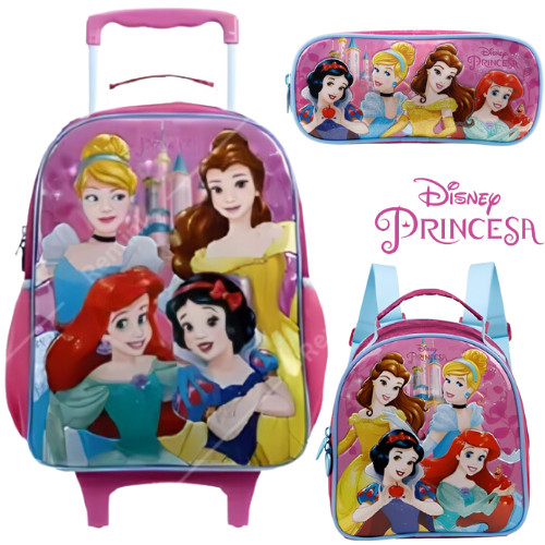 Kit Infantil Mochila De Roda Lancheira E Estojo Escolar Princesas