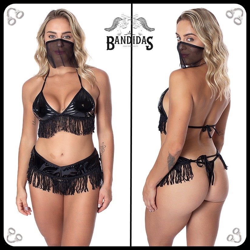 Fantasia Bandida De Couro Franja Lingerie Sensual Conjunto Preto