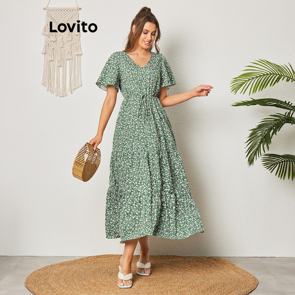 Lovito Boho Vestido Feminino Floral Cinto E Camadas Lbl