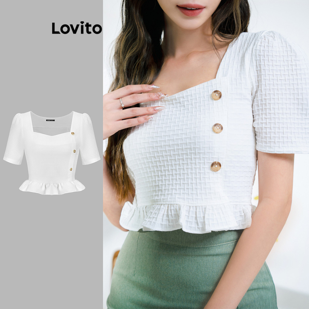 Lovito Casual Blusa Feminina Lisa De Manga Bufante O E Bainha