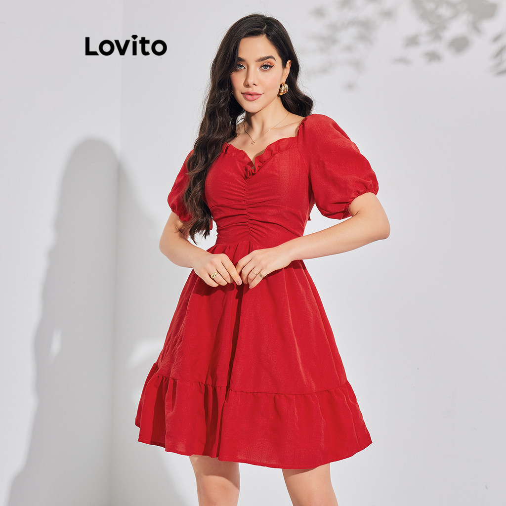 Lovito Vestido Casual Mangas Bufantes e Amarração para Mulheres