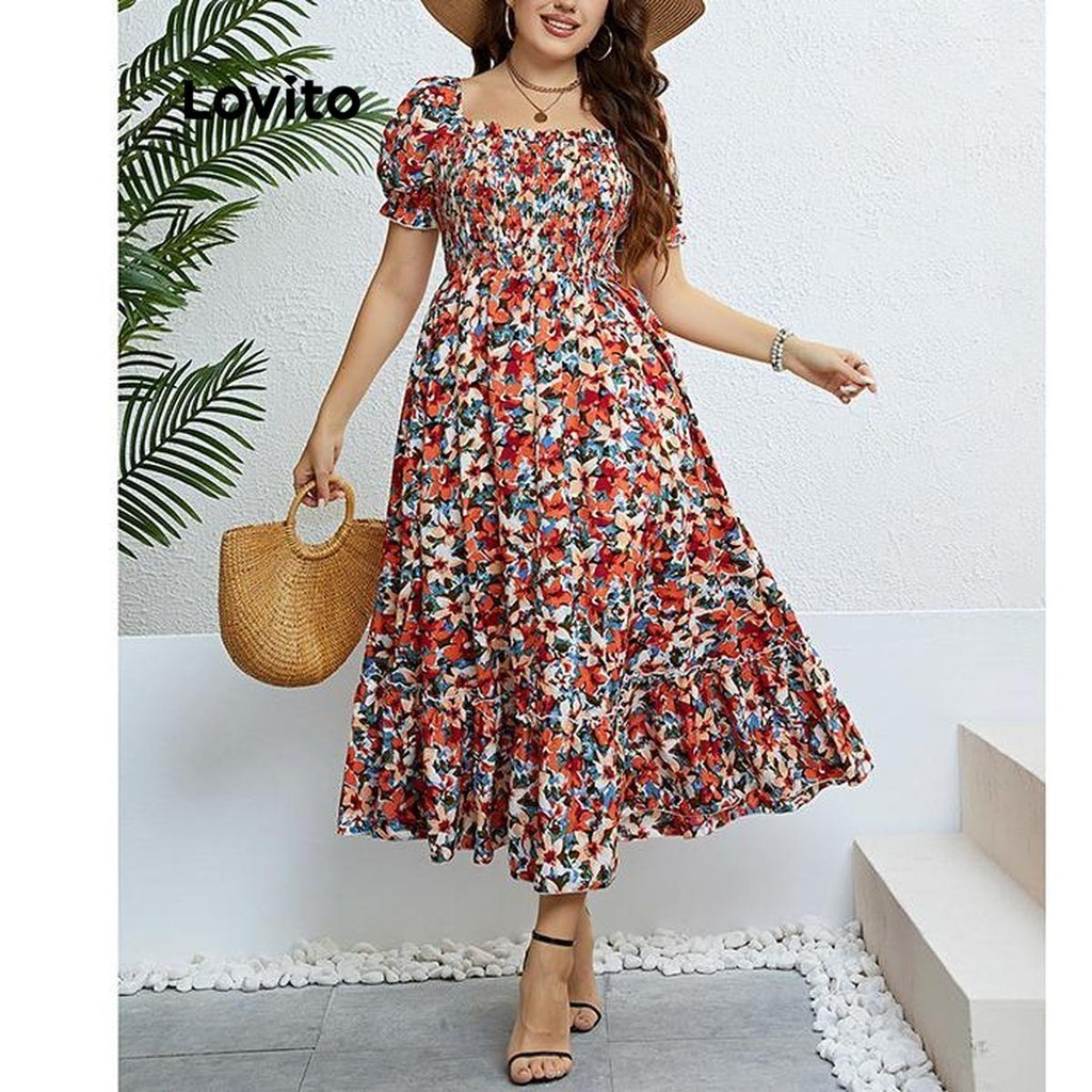 Lovito Vestido Elegante Ditsy Floral Babados Bainha Plus Size