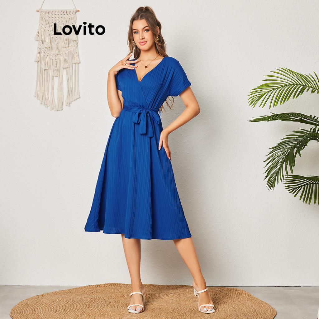 Lovito Casual Vestido Feminino Liso Cruzado Cinto Lbl Shopee