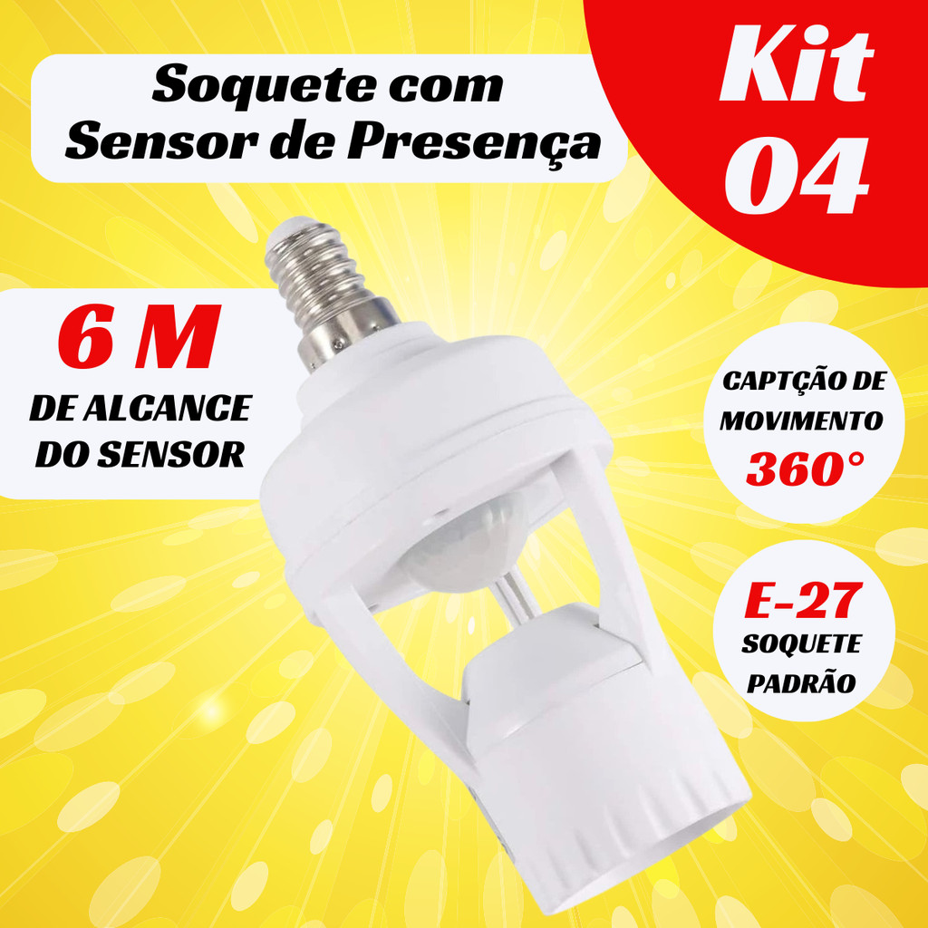 KIT 4 Soquete bocal Sensor de Presença e Movimento 360º Fotocélula