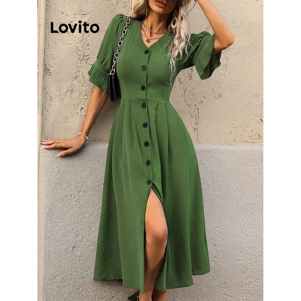 Lovito Casual Vestido Feminino Liso Alinhado Botão Frontal