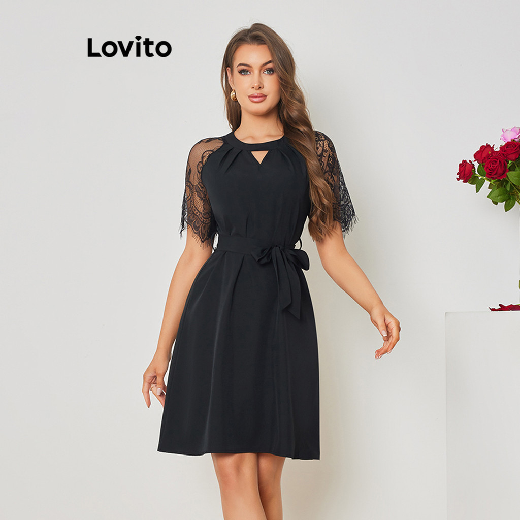 Lovito Elegante Vestido Feminino Liso Renda e Laço Frontal LBL08369