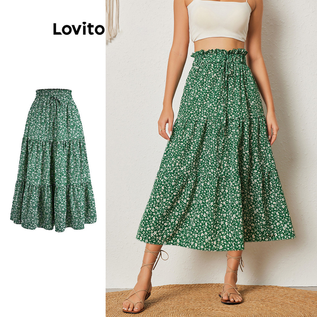 Lovito Boho Saia Feminina Floral Camadas E Bainha De Babados