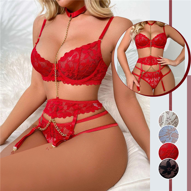 Conjunto De Lingerie Sexy Feminina De Cor Sólida Fofa Sem Meias