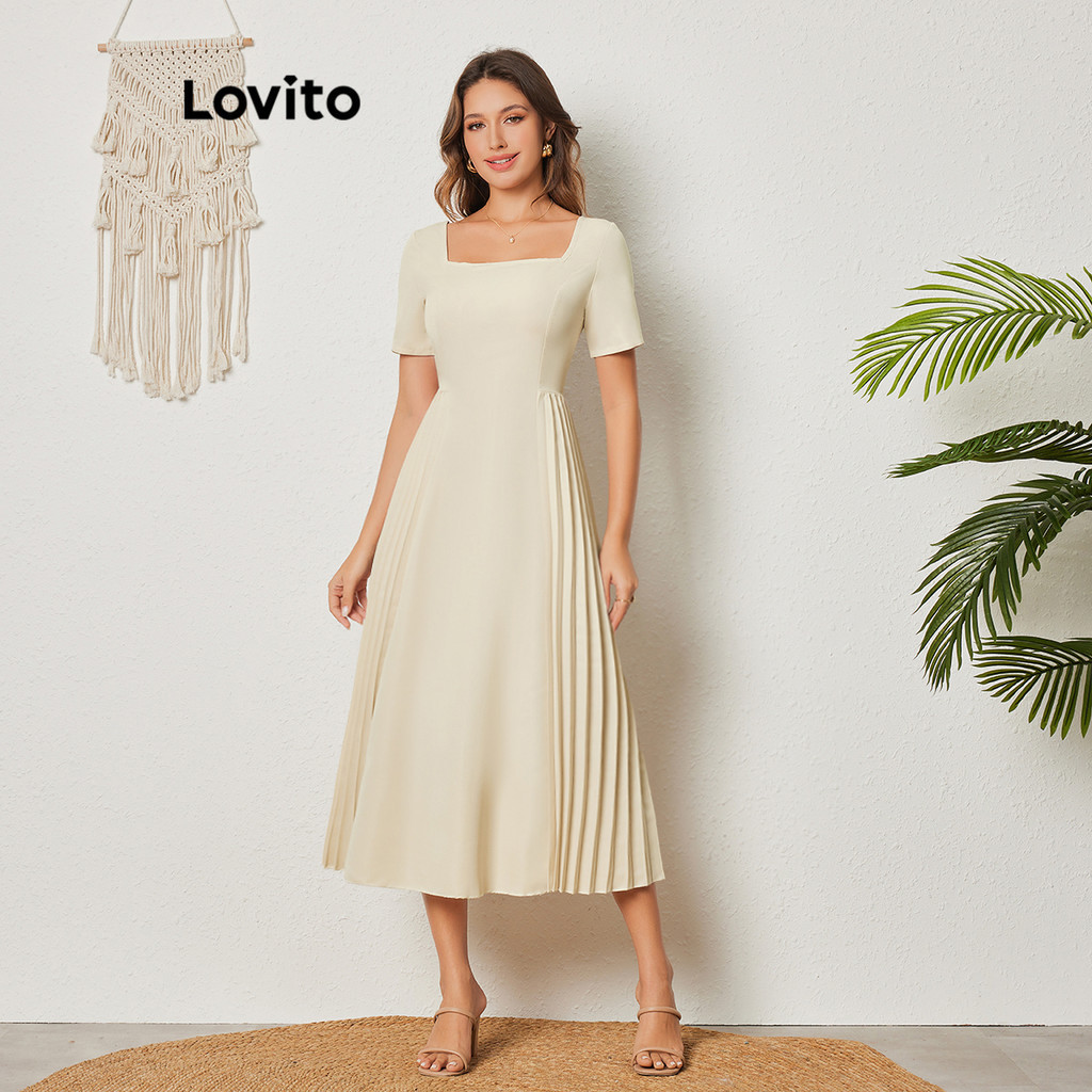 Lovito Casual Vestido Feminino Liso Plissado Costura No Tecido