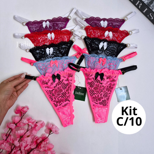 Kit Calcinhas Em Renda Bicolor Regulagem Tanga Lingerie Sensual
