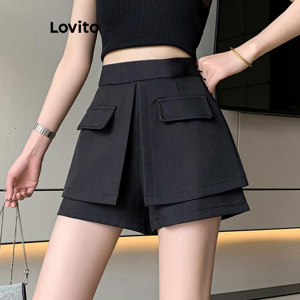 Lovito Casual Shorts Feminino Liso Assimétrico LNE50485 Shopee Brasil