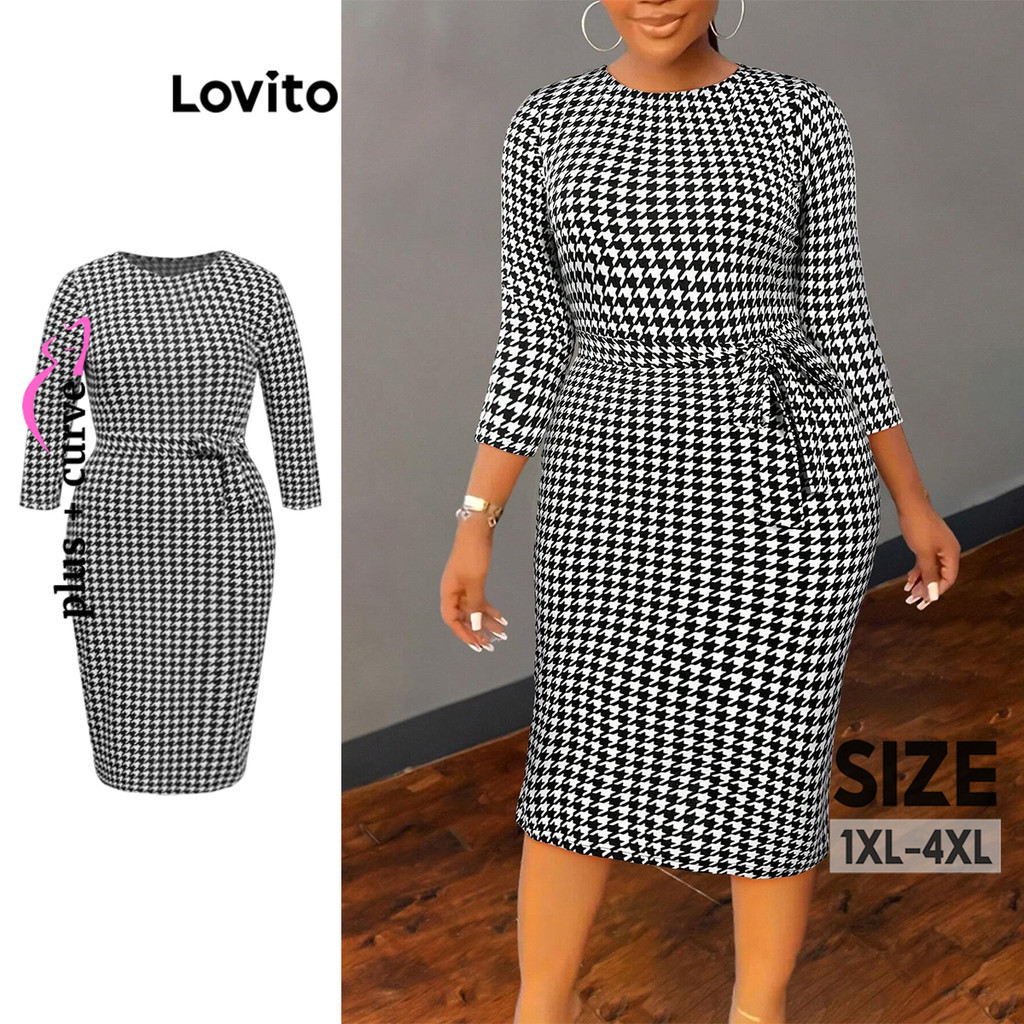 Lovito Vestido Plus Size Curvo Elegante Houndstooth Gravata Frontal