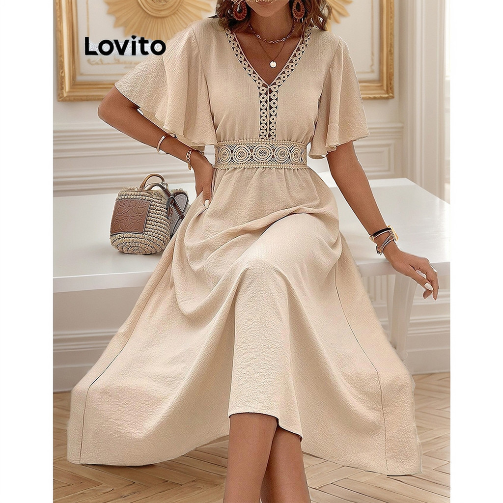 Lovito Boho Vestido Feminino Liso Recorte Renda E Cintura El Stica