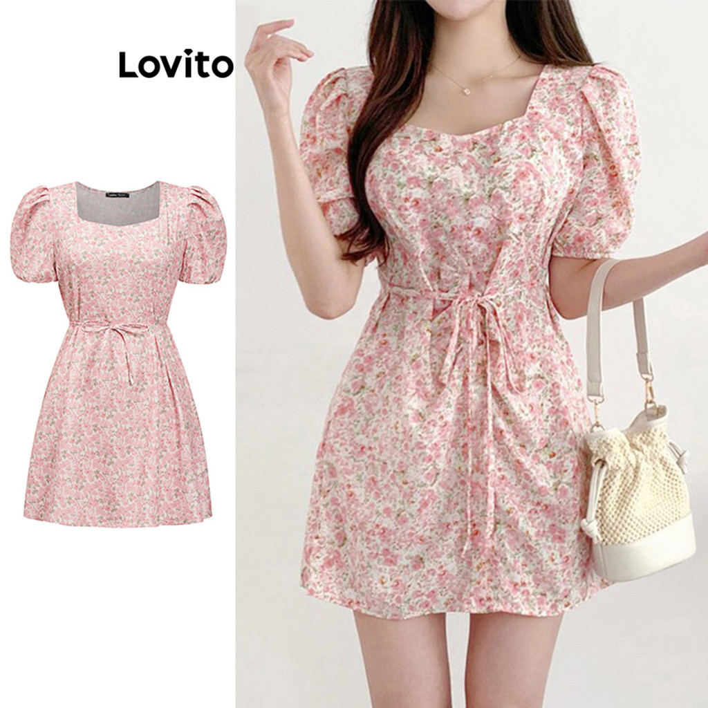 Lovito Vestido Elegante Ditsy Floral Manga Bufante Para Mulheres