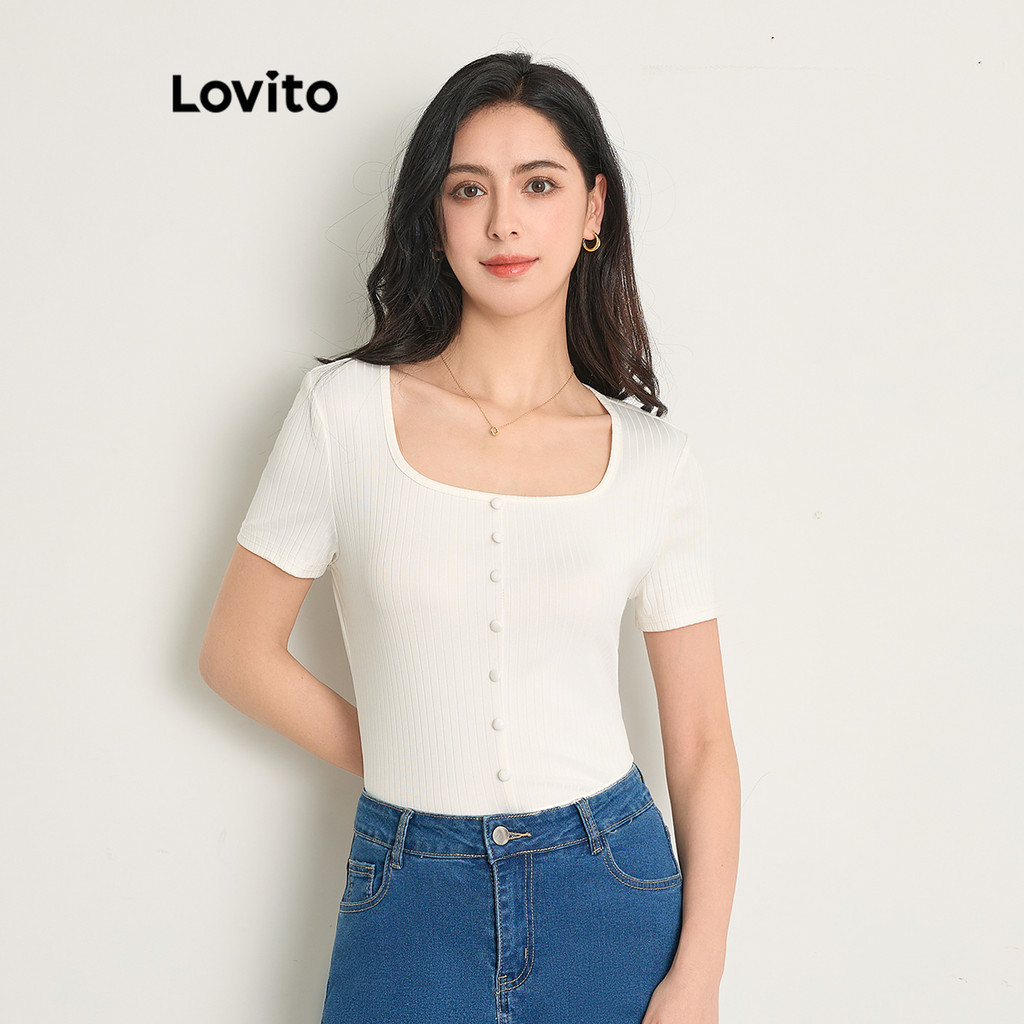 Lovito Camiseta Elegante De Malha Canelada Lisa Para Mulheres L Ed