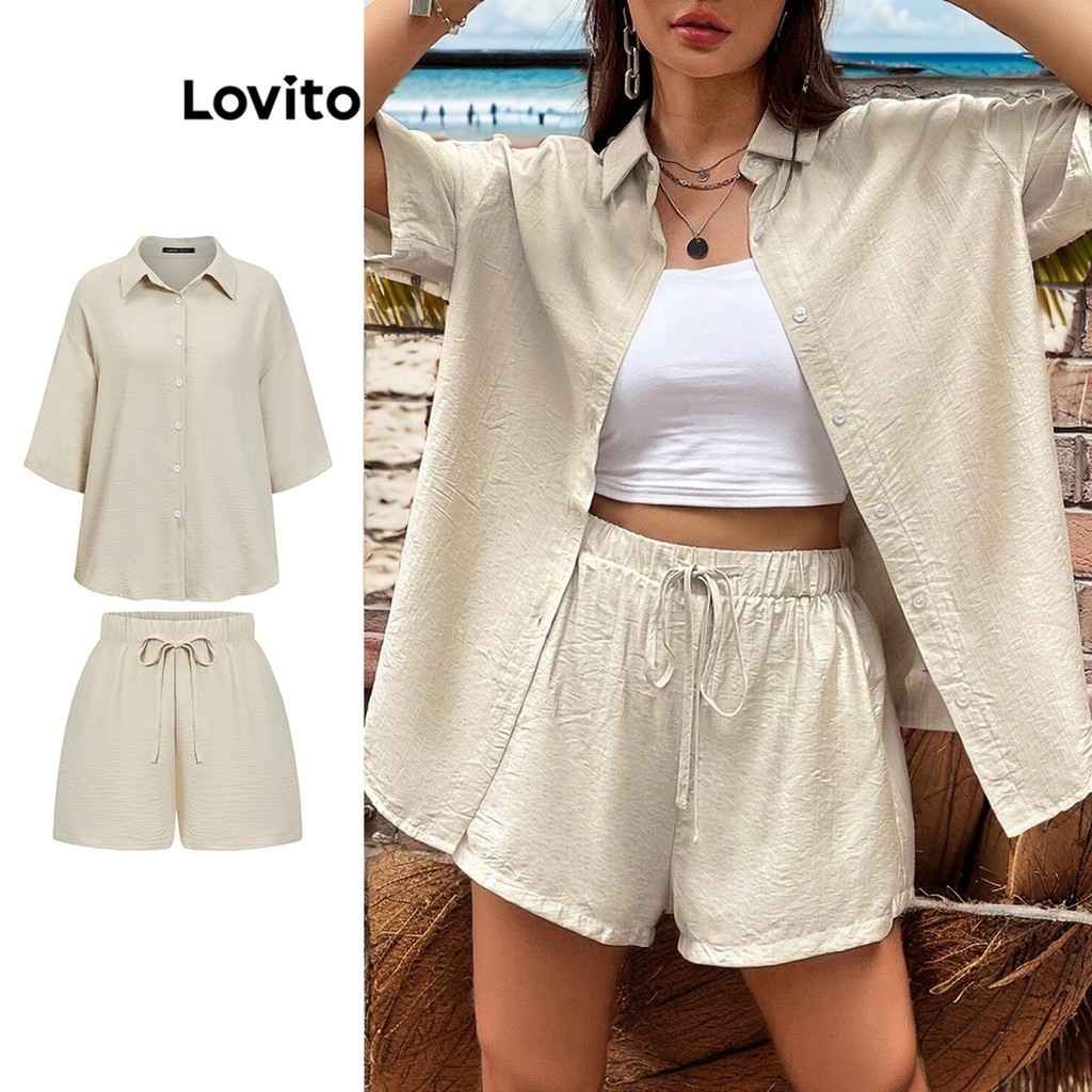 Lovito Conjuntos De Shorts Casuais Simples Plissados Para Mulheres