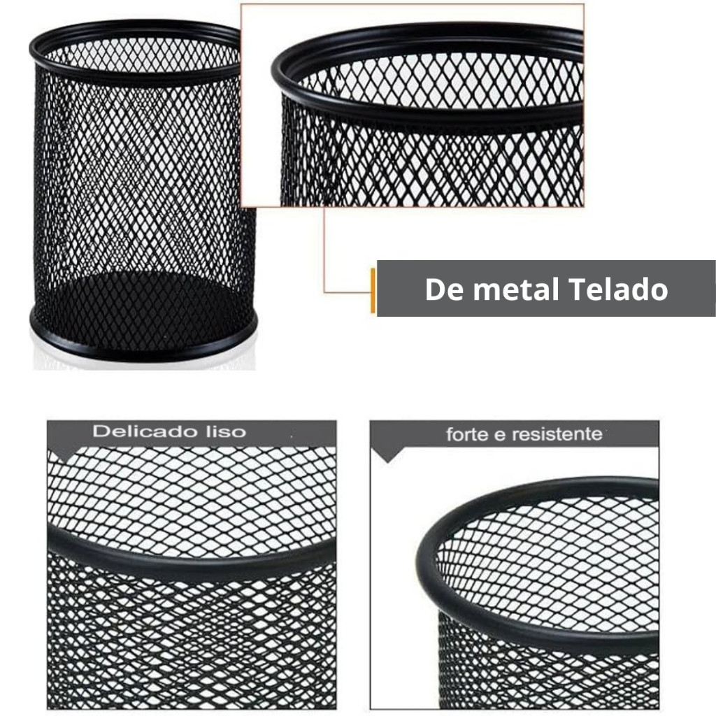 Kit Organizador Porta Caneta Treco De Mesa Redondo Metal Aramado Preto