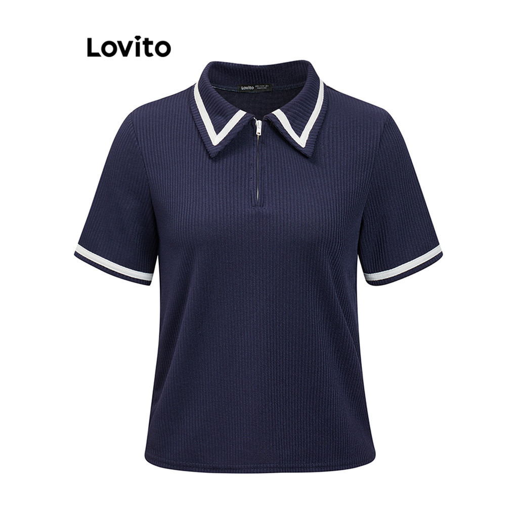 Lovito Camisetas De Mangas Curtas Elegantes Contraste De Gola