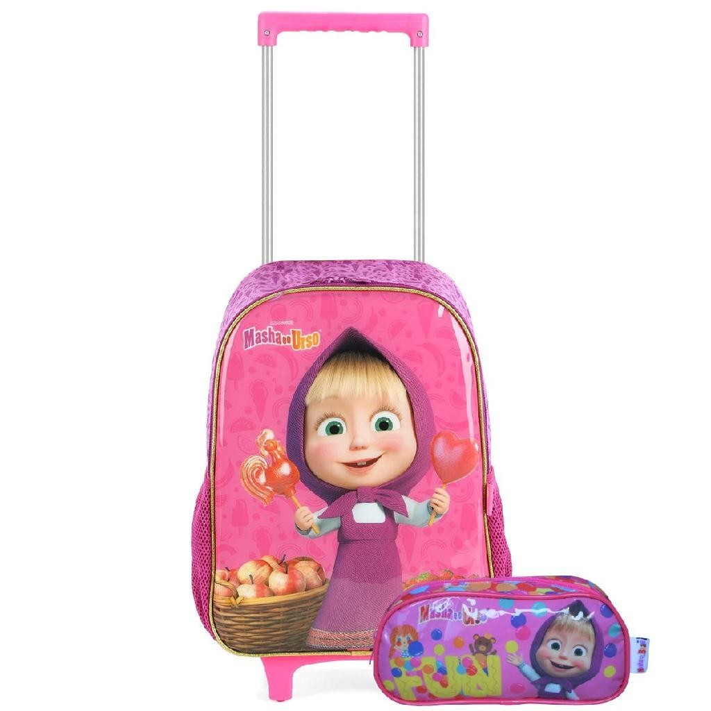 Mochila De Rodinhas Masha E O Urso Estojo Infantil Escolar Rosa