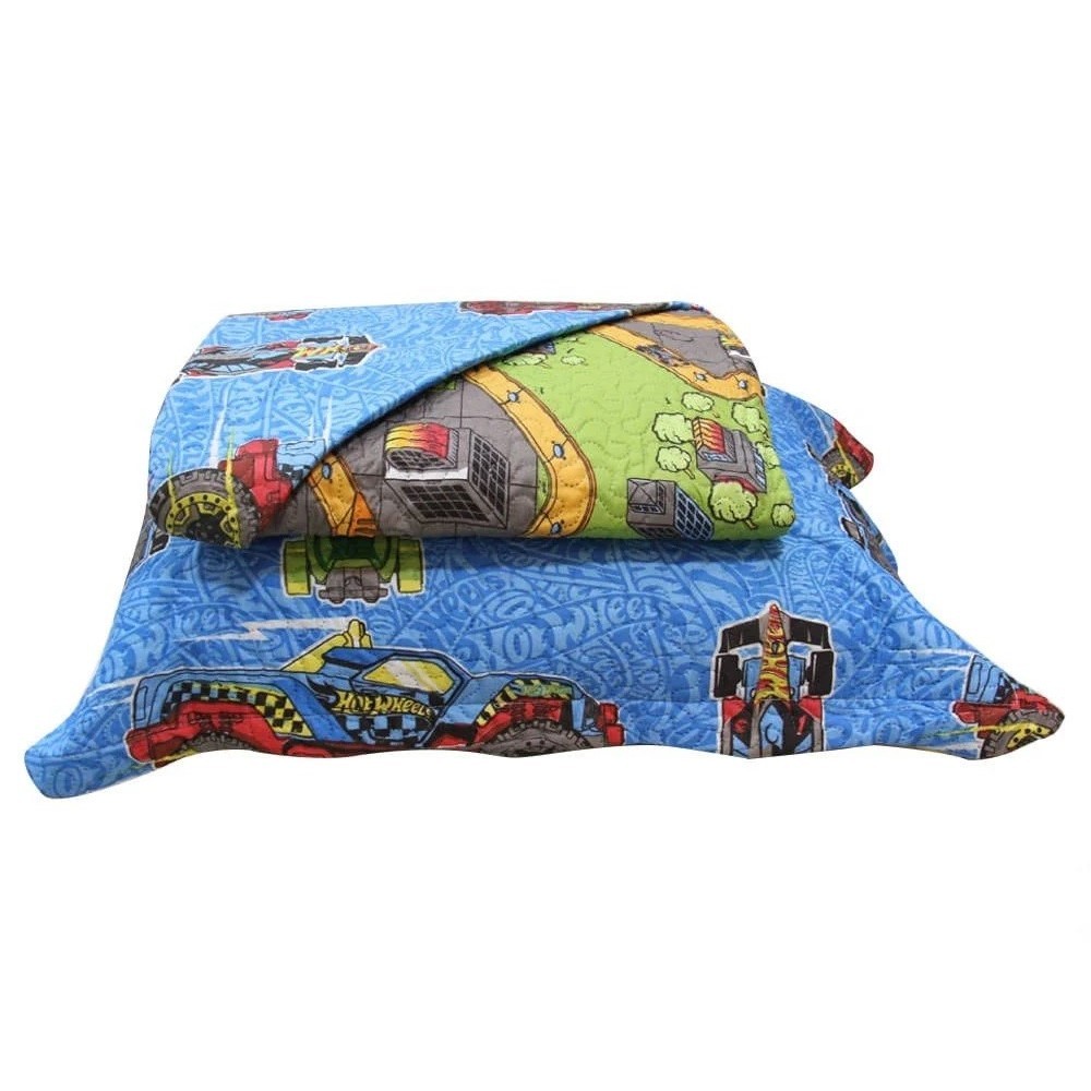 Kit Colcha Cobre Leito Infantil Dupla Face Azul Solteiro Hot Wheels