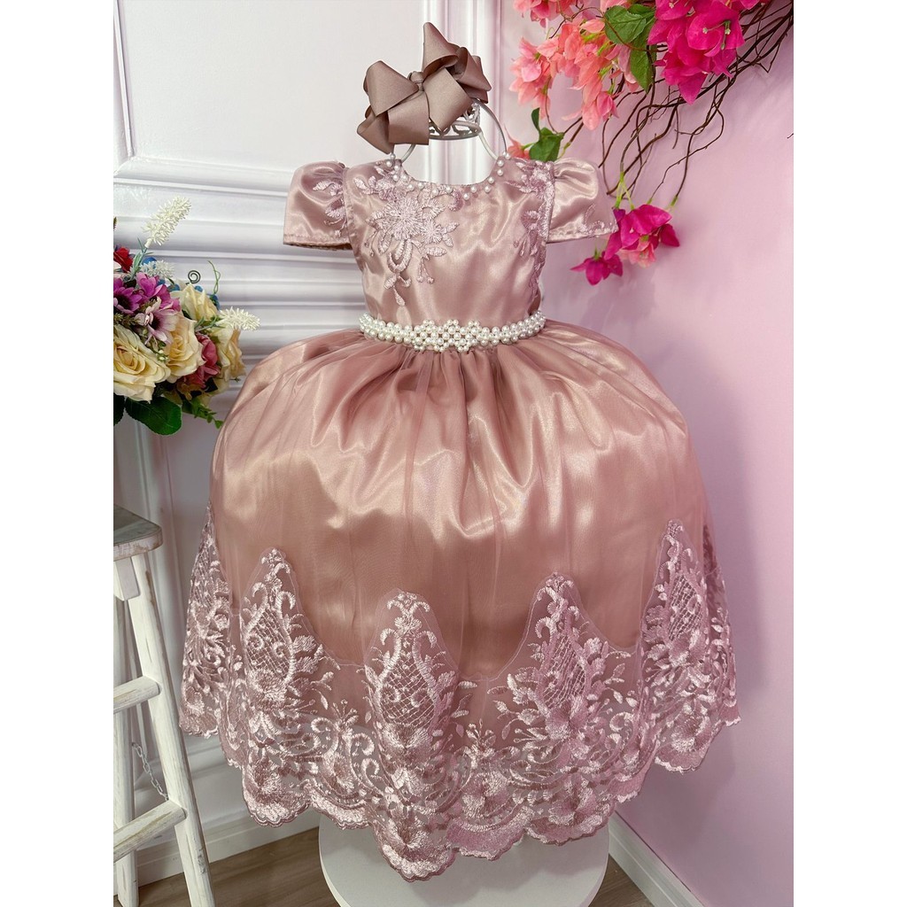 Vestido Infantil Longo Renda Rose Rosa Queimado Casamento Bebê Menina