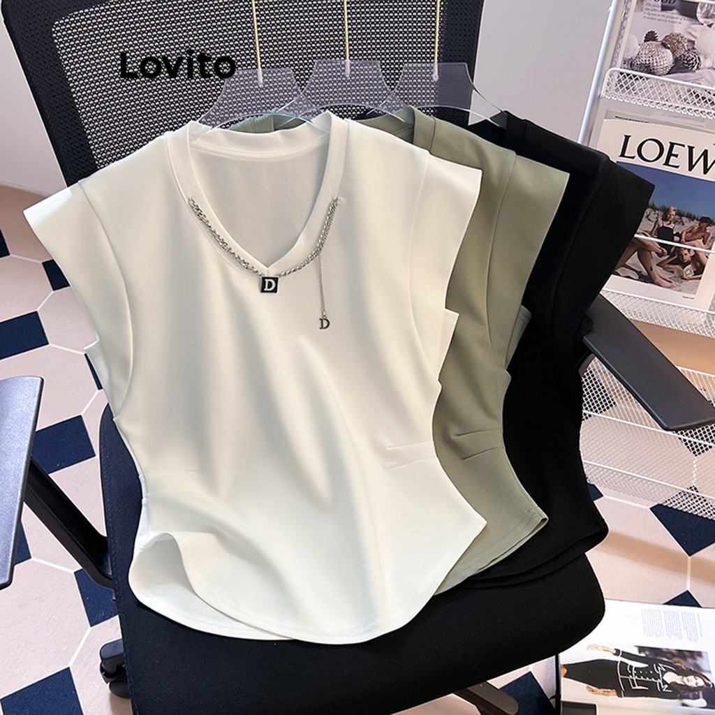 Lovito Casual Camiseta Feminina Lisa B Sica Lne Branco Verde