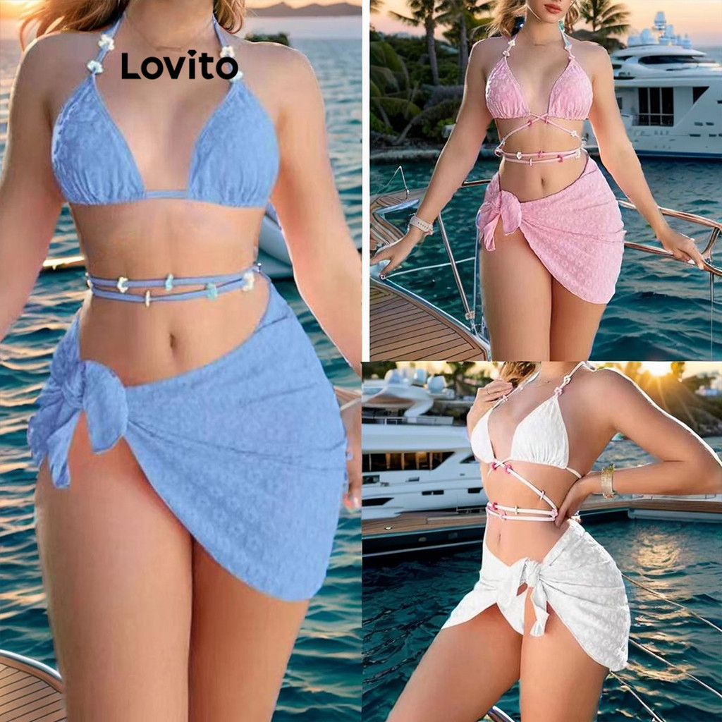 Lovito Sexy Conjunto De Biqu Ni Feminino Liso De Amarrar Lnl