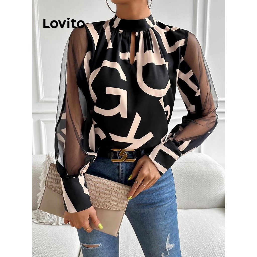 Lovito Blusa Elegante De Malha Letras Contrastantes Para Mulheres