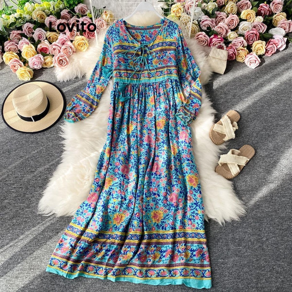 Lovito Vestido Boho Tribal Estampado Para Mulheres Lnl Shopee Brasil