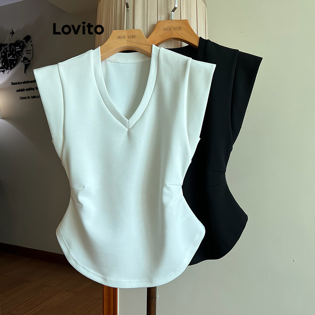 Lovito Camiseta Casual Plissada Lisa Para Mulheres L Ed Shopee Brasil