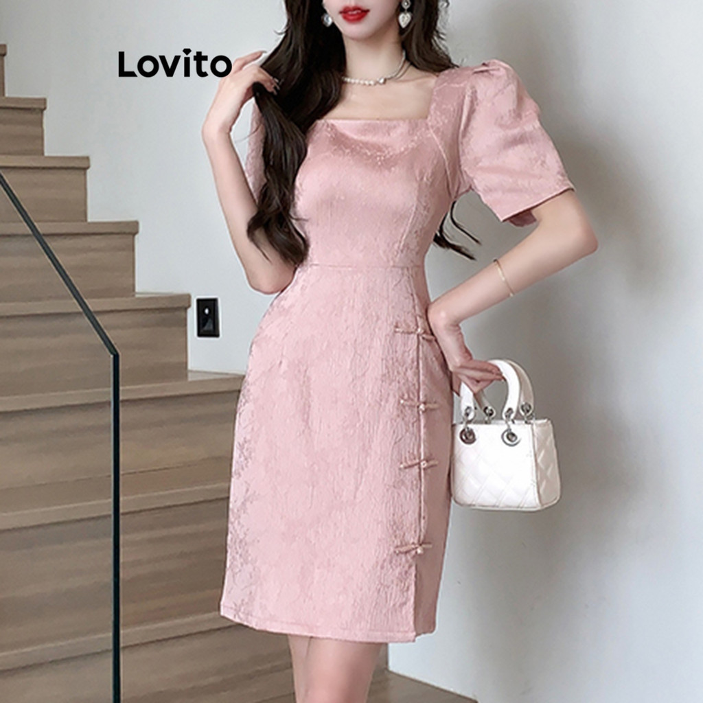 Lovito Elegante Vestido Feminino Liso De Jacquard Lne Shopee Brasil