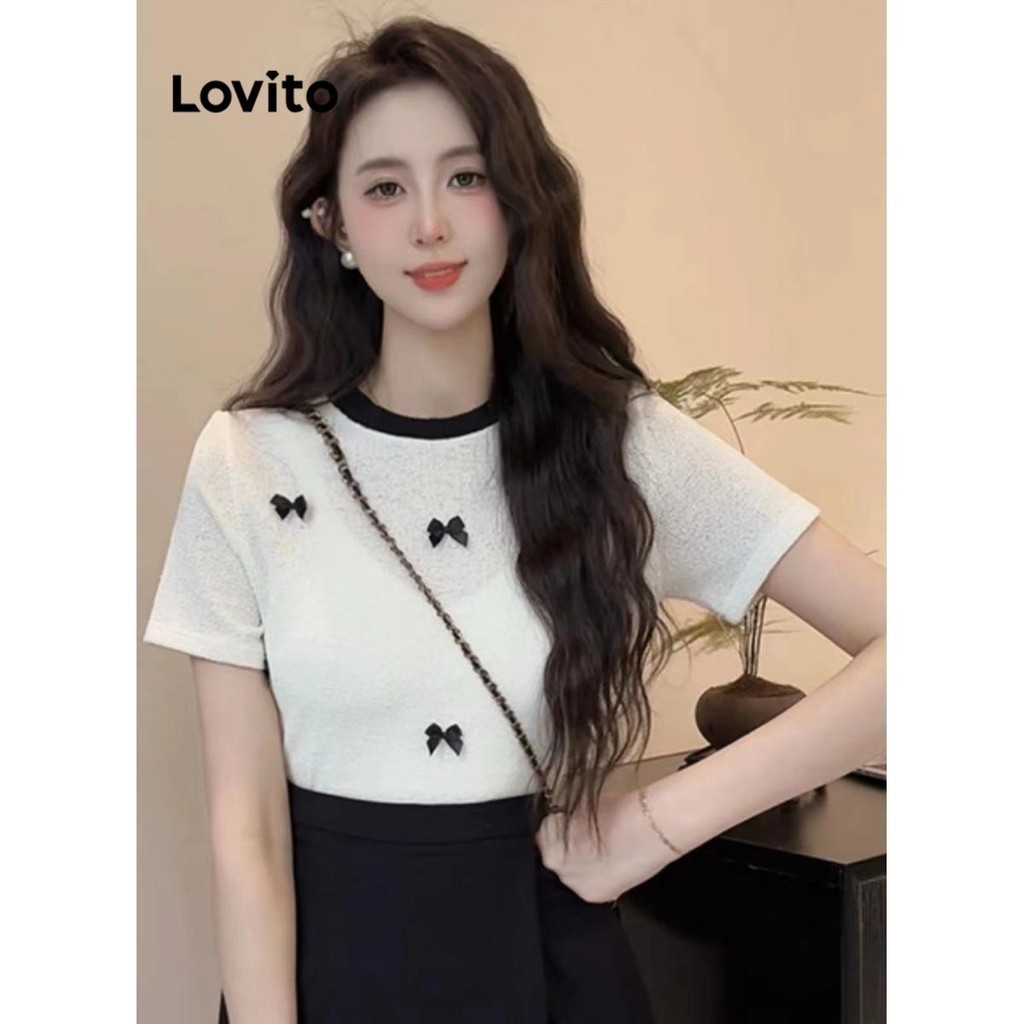 Lovito Top de malha colorblock elegante laço liso para mulheres