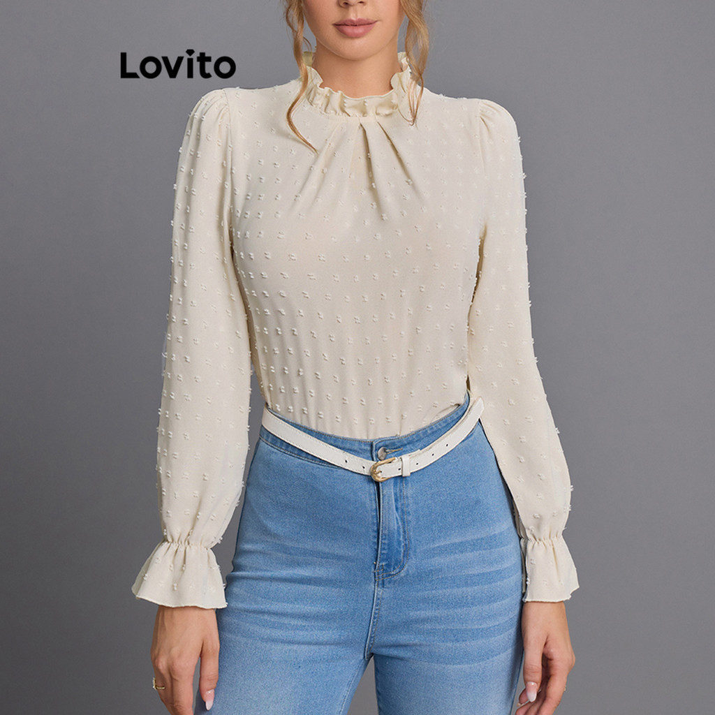 Lovito Blusa Jacquard Plissada Casual Babados Lisos Para Mulheres