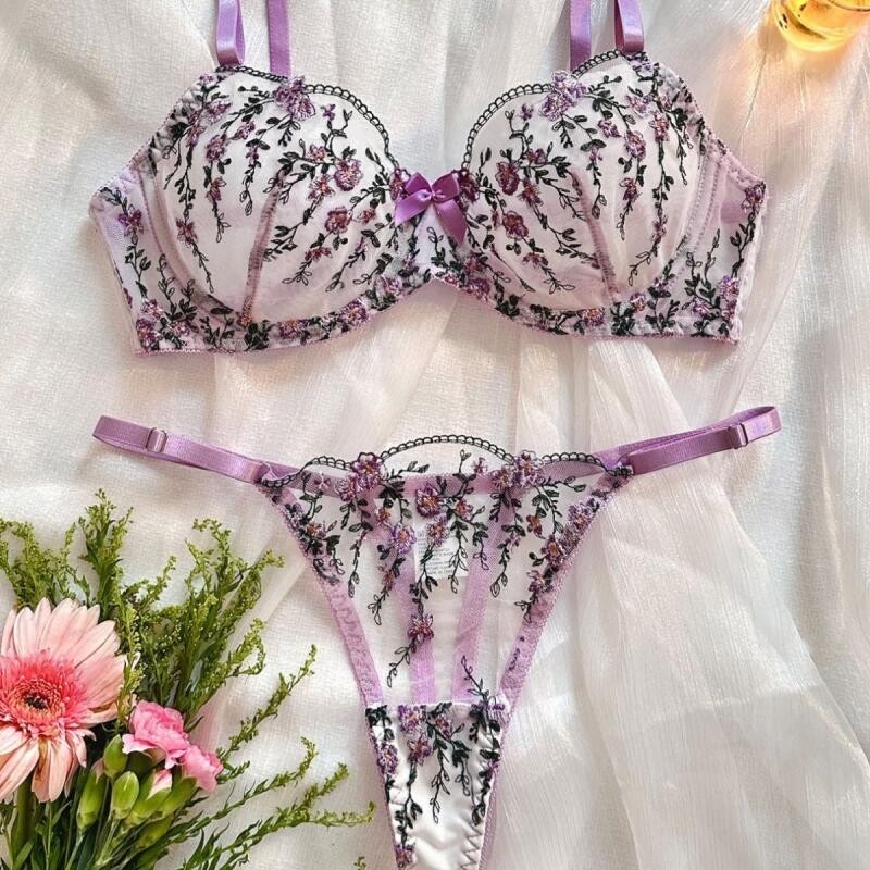 Bordado Floral De Vento Conjunto De Lingerie Erótica De Sedução De