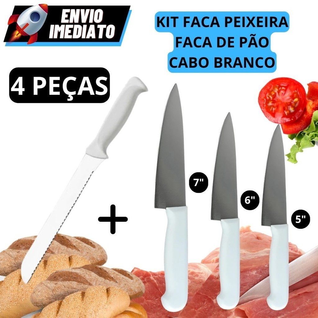 Kit 04 Faca De Pão Faca Peixeira Cabo Branco Inox Carne Peixe Cozinha