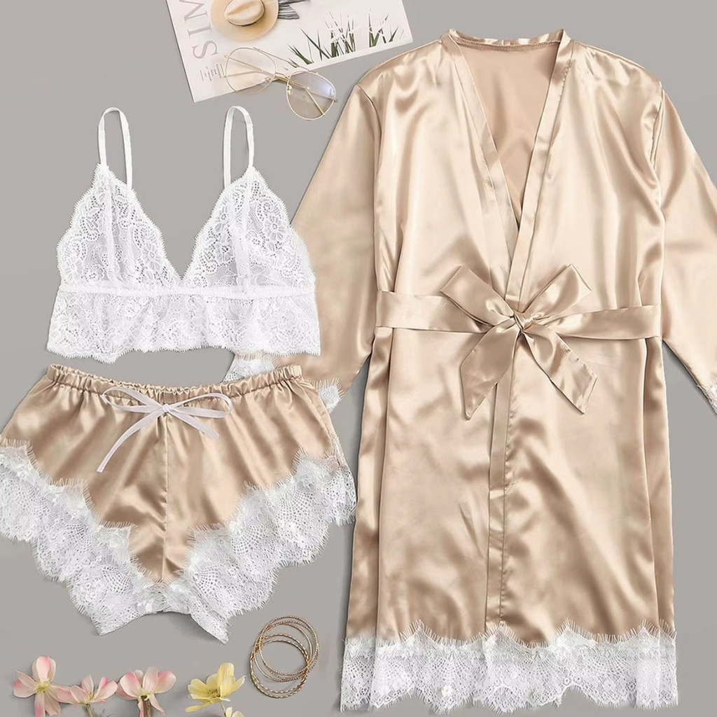 Robe satin lingerie erótica 4 peças kimono pijama sexy Shopee Brasil