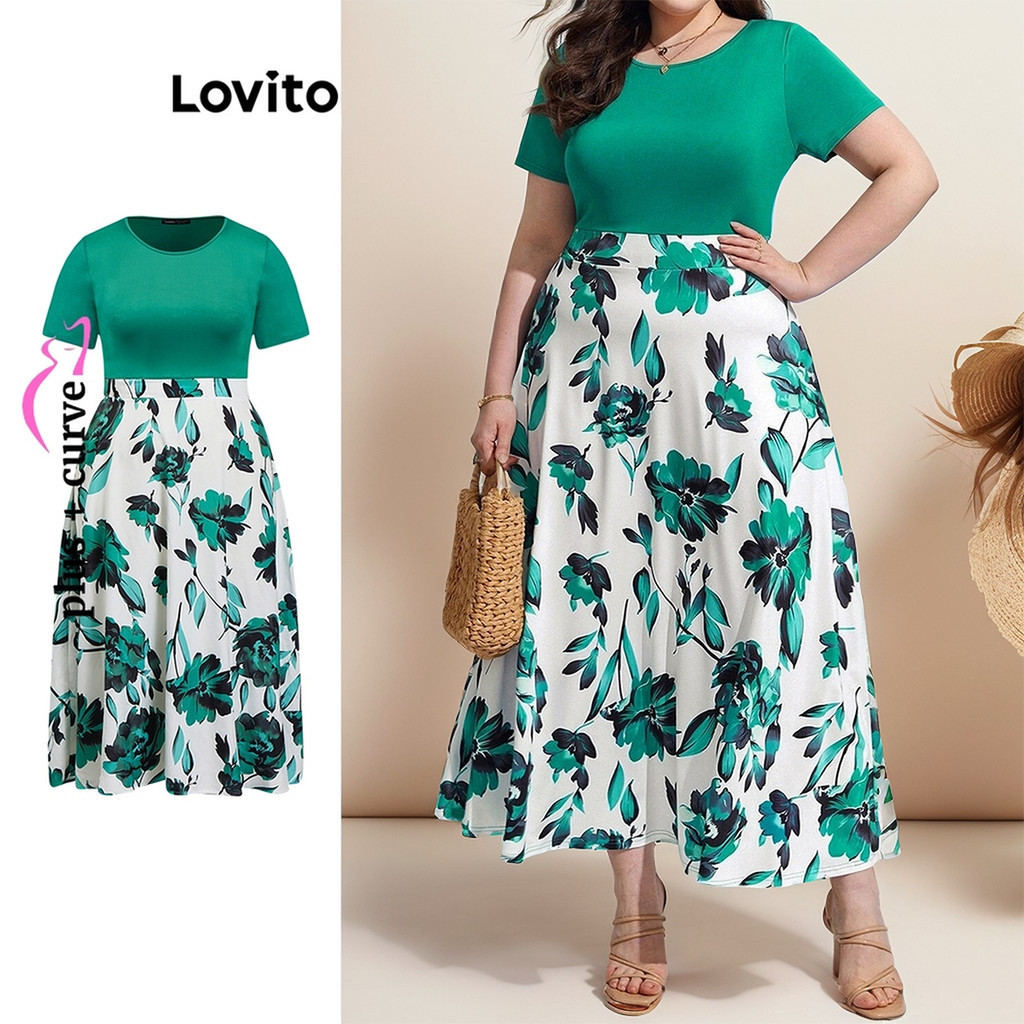 Lovito Plus Size Vestido Feminino Casual Floral Costura No Tecido