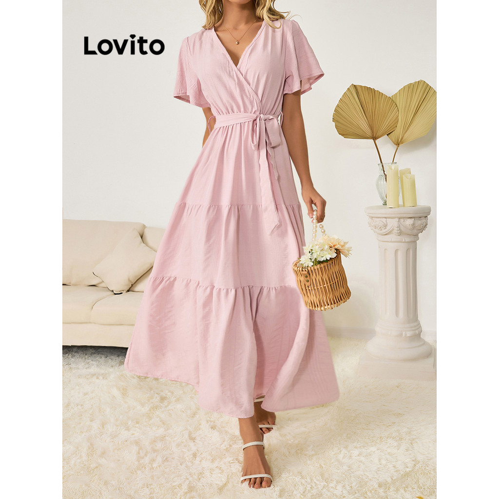 Lovito Casual Vestido Feminino Liso Cruzado Cintura Elástica e