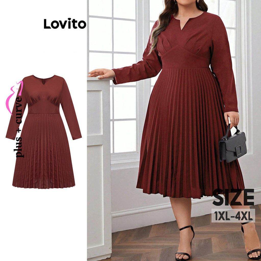 Lovito Vestido Plissado Liso Elegante Plus Size Curvo Para Mulheres