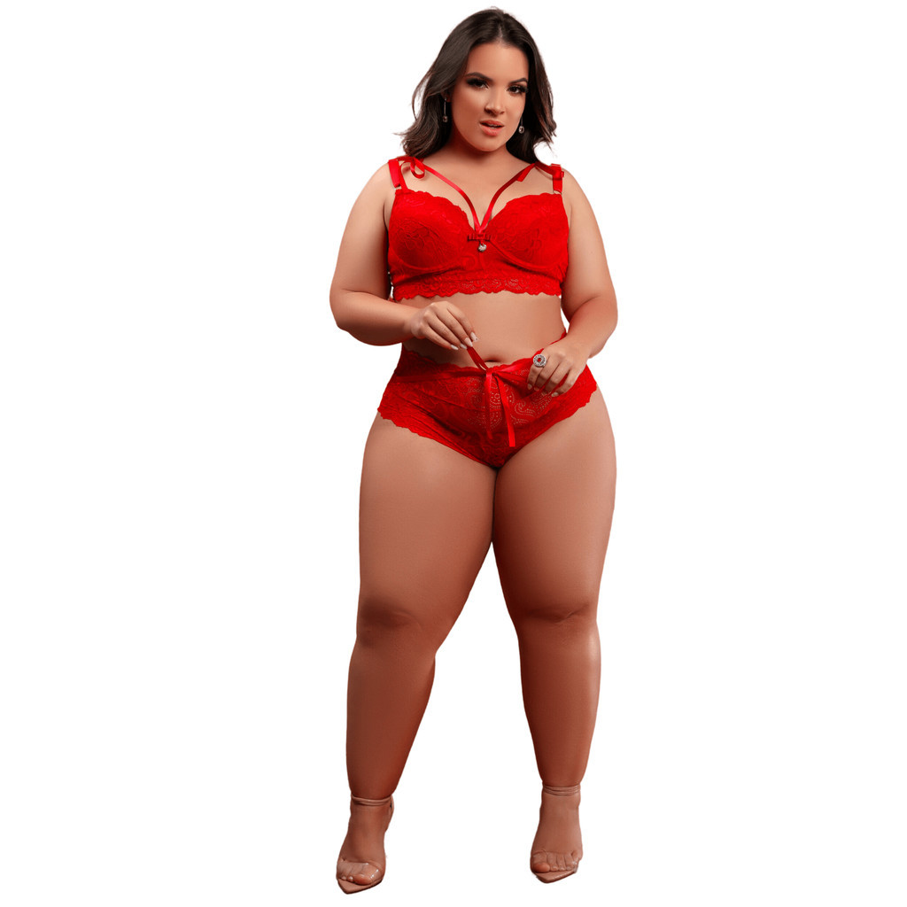Plus Size Conjunto Lingerie Sexy Apaixonante Sexy Em Renda Premium