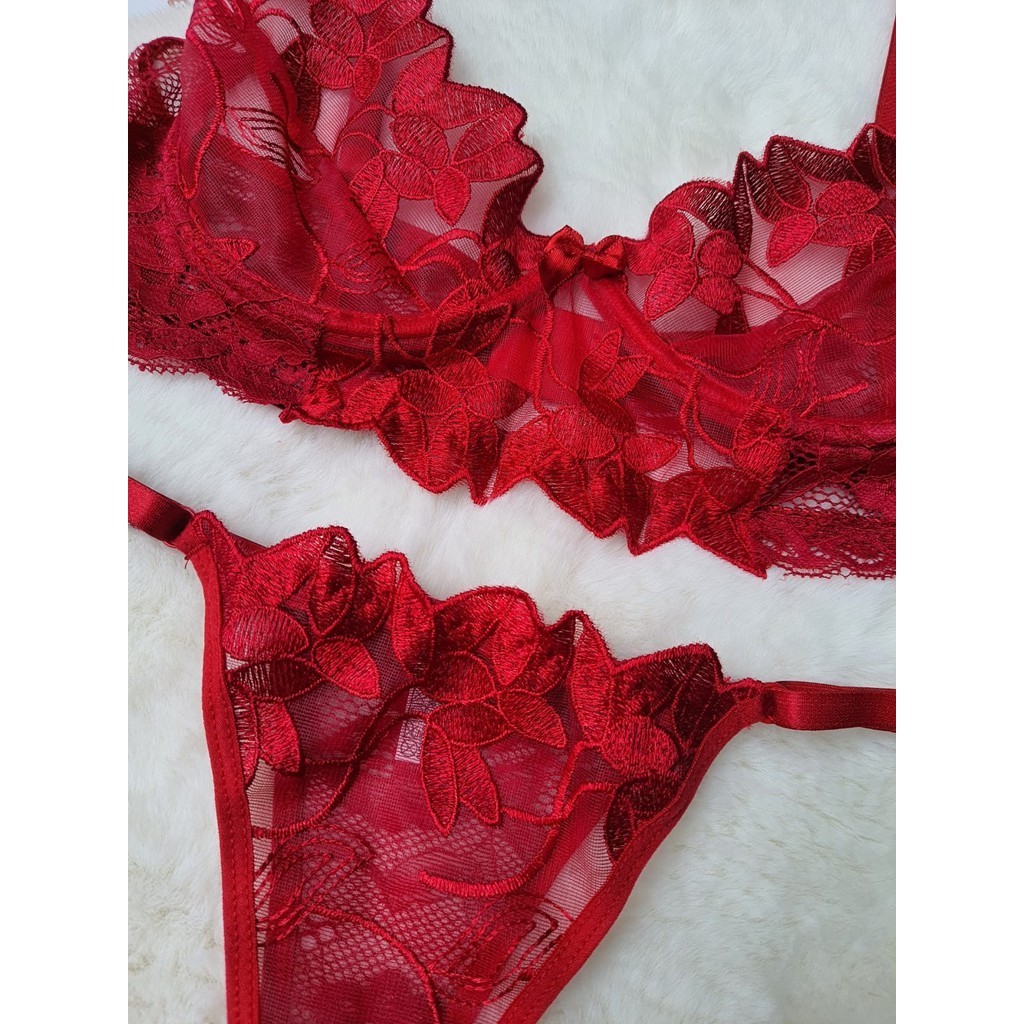 Conjunto lingerie sutiã calcinha fio tule transparente bordado Tulipa