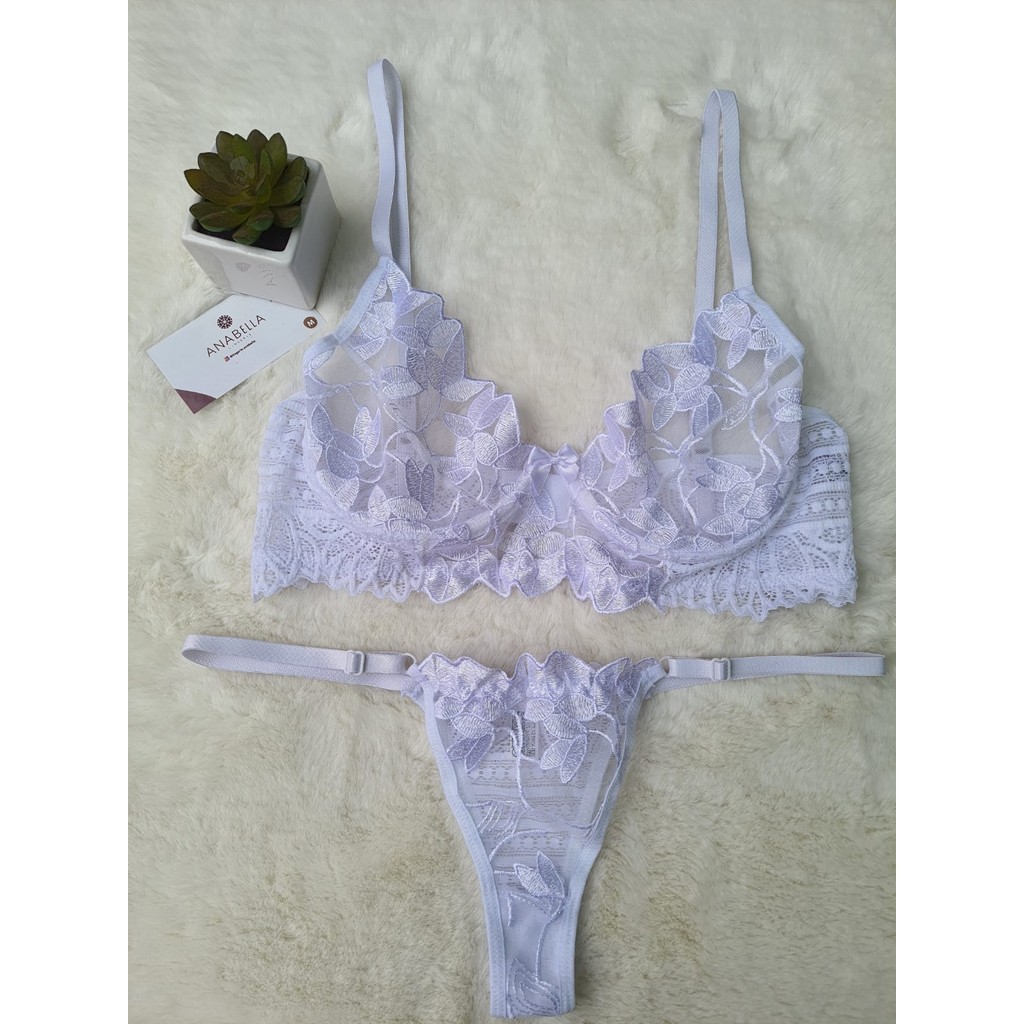 Conjunto lingerie sutiã calcinha fio tule transparente bordado Tulipa