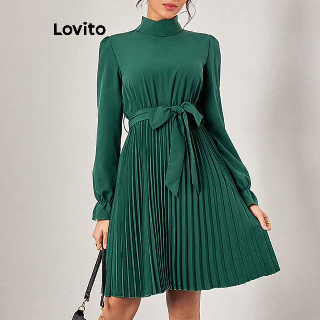 Lovito Vestido Elegante Liso Plissado Cinto Para Mulheres LBL11400