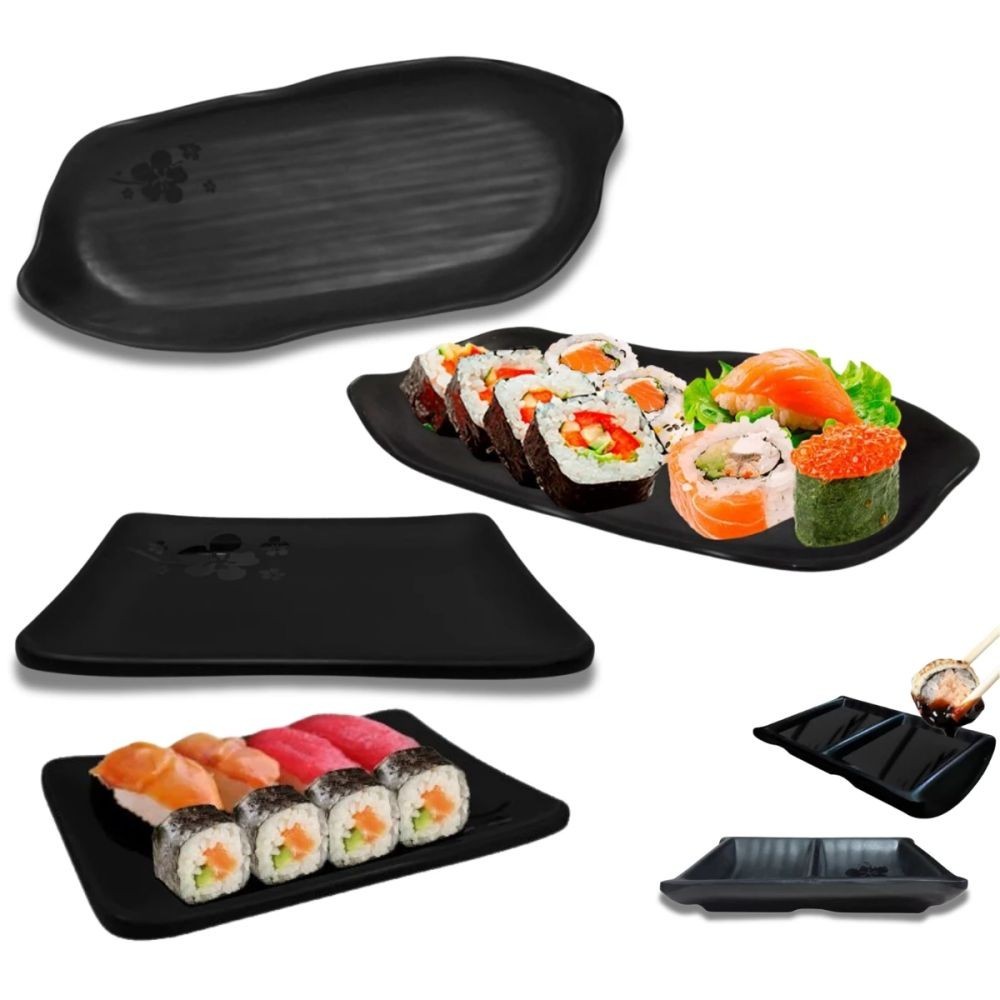 Kit Molheira Bipartida Ondulada Travessa Prato Para Sushi Melamina