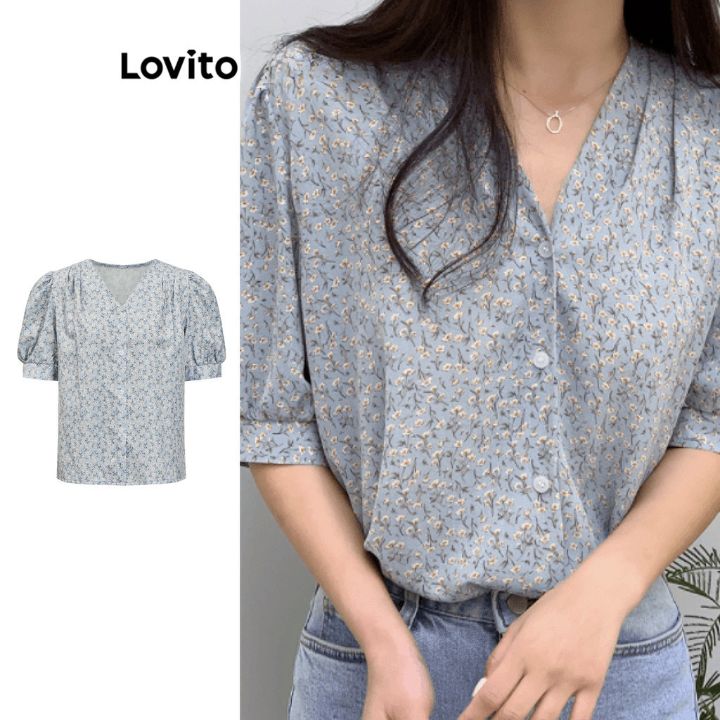 Lovito Blusa Boho Ditsy Floral Manga Bufante Para Mulheres L89MD109